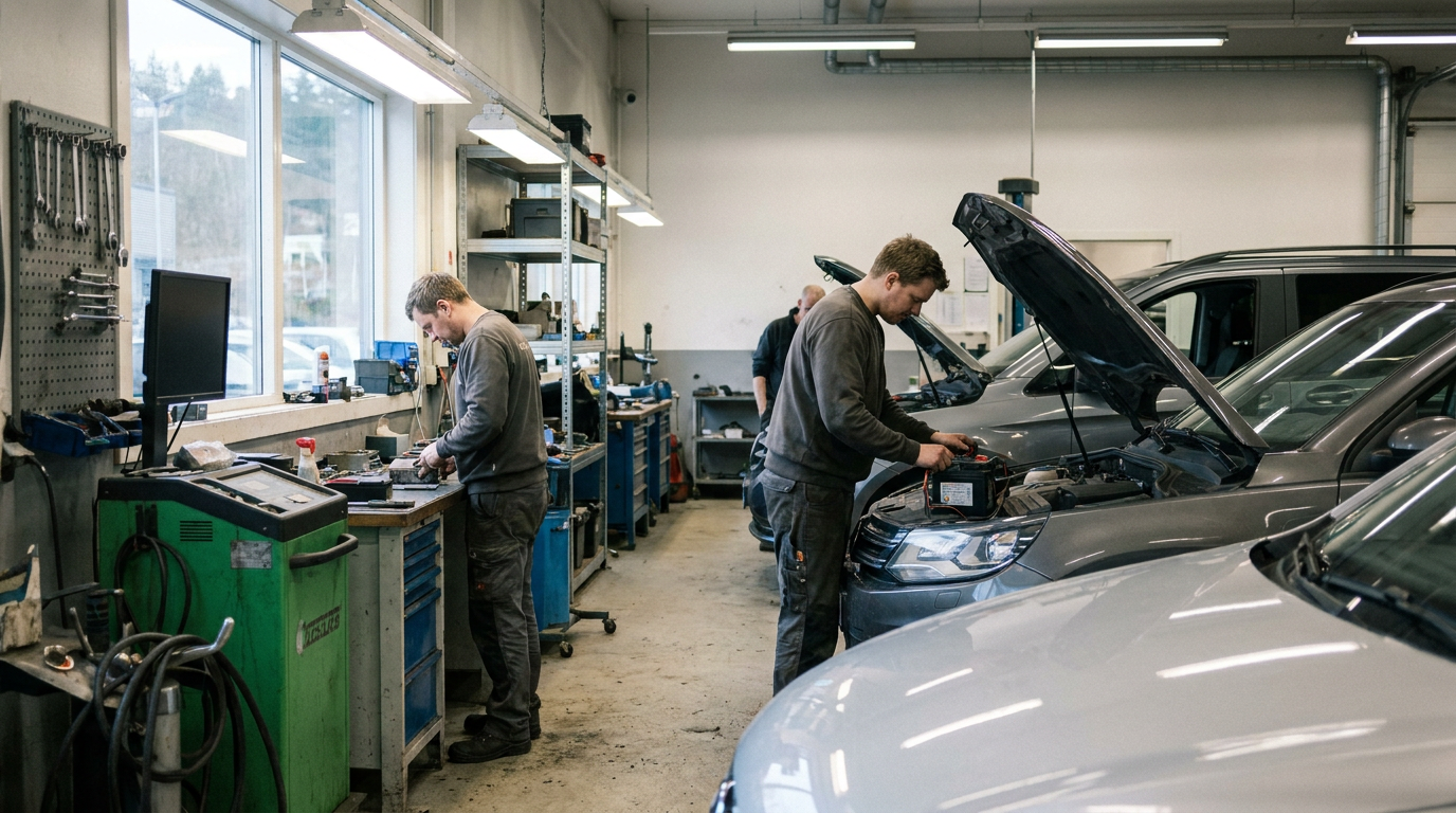 Bil med åpent panser og tekniker som utfører drop-in batteritest