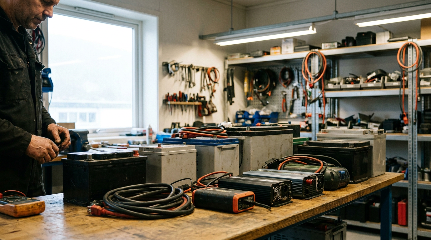 Utvalg av batterier og strømprodukter på et lager, med et 'Outlet'-skilt i forgrunnen.